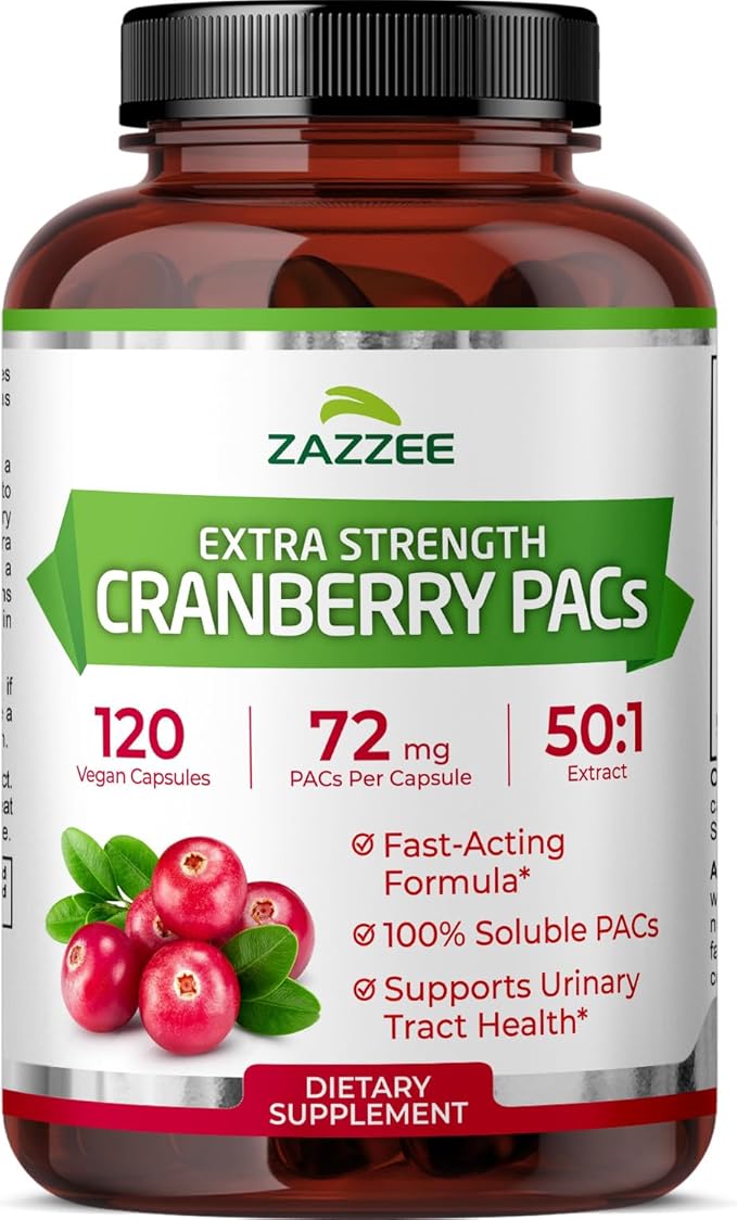 Zazzee Cranberry PACs 72 mg per Capsule 50:1 Extract 120 Vegan Capsules 2X Strength 4 Month Supply Fast-Acting Effective Urinary Tract &amp Bladder Support 100% Soluble PACs Made in the USA