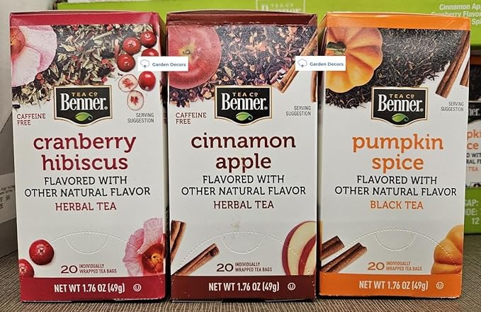 Benner Herbal/Black Tea Cranberry Hibiscus Cinnamon Apple Pumpkin Spice 20 Tea Bags 1.76 49g (Three Boxes)