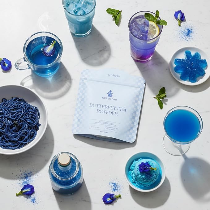 Queen Omi Organic Butterfly Pea Flower Tea Powder| Herbal Tea | Natural Food Coloring | Caffeine Free Tea | Plant Based Superfood | Blue Matcha | Color Changing Magic | Sun Dried in Thailand | 80g