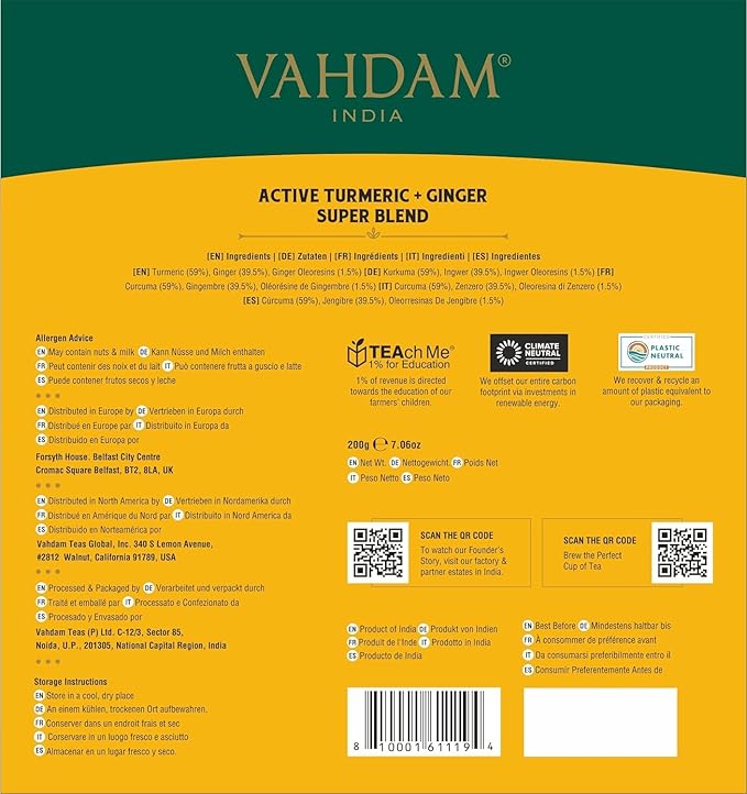 VAHDAM Organic Turmeric Ginger Herbal Tea Bags (100 Pyramid Tea Bags) Caffeine Free Non GMO | 100% Pure Herbal Blend - Savory &amp Spicy Plant-Based Teabags | Resealable Ziplock Pouch