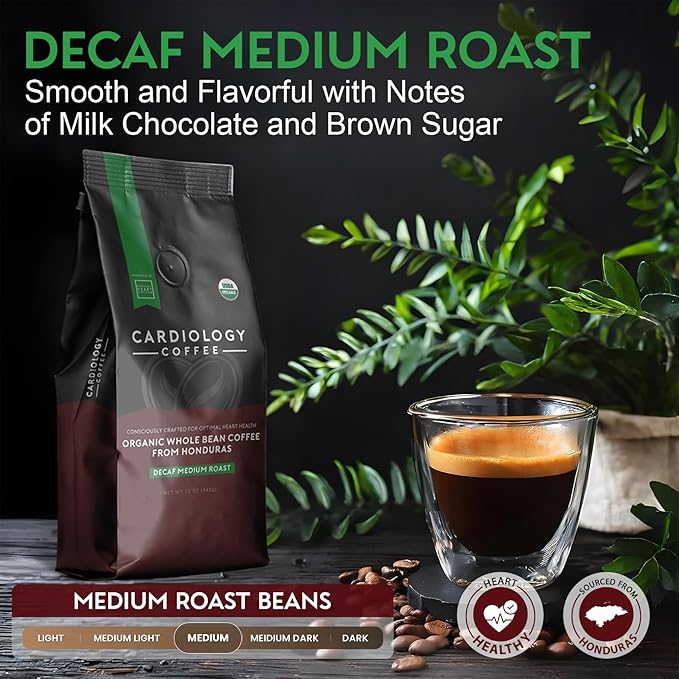 Cardiology Coffee – Medium Roast Decaf Coffee Beans – USDA Certified Organic Mold Free 12oz Premium Whole Bean Coffee – Decaf Barista-Style Beans with Swiss Water Decaf and Antioxidant Benefits