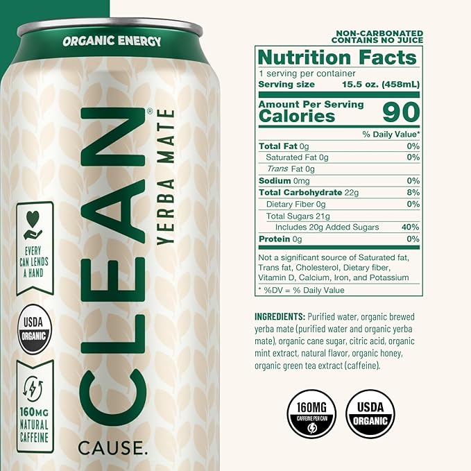 NEW! CLEAN Cause Lemonade &amp Tea and Mint &amp Honey USDA Organic Yerba Mate Tea (15.5oz cans 2-12-Pack Case) Non-Carbonated 160mg Caffeine