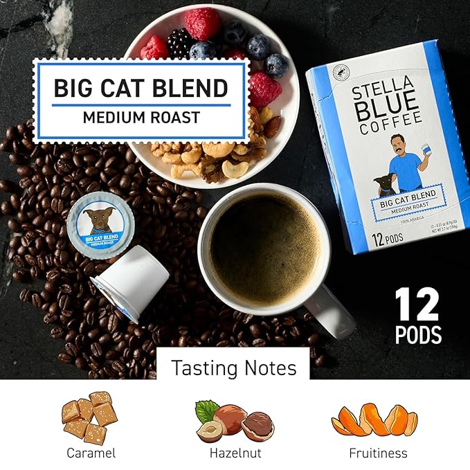 Stella Blue Coffee Pods Variety Pack Big Cat and Miss Peaches Blend Medium Roast With Caramel Citrus And Fruity Notes 100% Arabica Beans Sourced From Central And South America 24 Recyclable K Cup