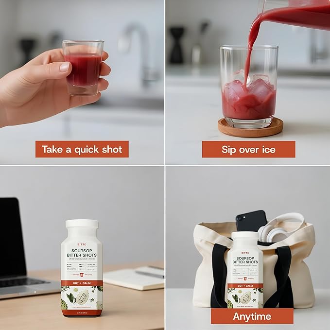 bitte Strawberry Soursop Digestive and Calm Shot 3 Pack - Ready to Drink Herbal Blend with Ginger and Chamomile - Vegan Zero Sugar and Gluten Free - 3 x 16 Fl Oz Bottles