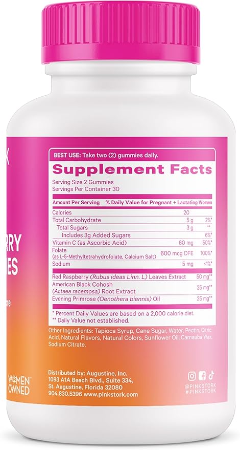 Pink Stork Red Raspberry Leaf Gummies - Third Trimester Labor Prep + Postpartum Mood Essentials with Evening Primrose Oil + Black Cohosh - 60 Vegan Gummy Supplements Non-GMO