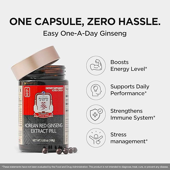 JUNG KWAN JANG Korean Red Ginseng Extract Pill - Red Panax Ginseng Energy Supplements with Rice Powder Vitamins C &amp E - No Caffeine (800 Pills 5.93 oz)