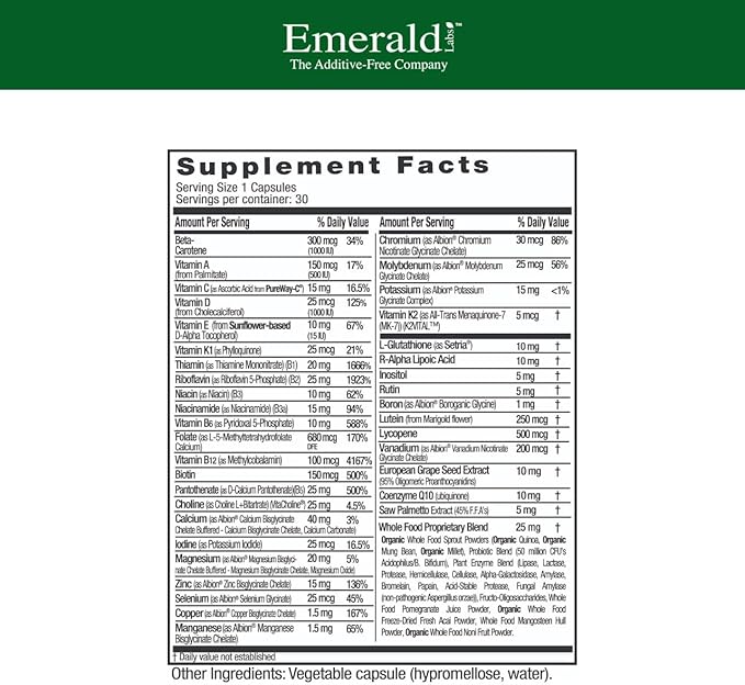 EMERALD LABS Men's 45+ 1-Daily Multi - Made with Saw Palmetto Lycopene &amp More for Heart Bone &amp Immune Support* - Gluten-Free - 30 Vegetable Capsules