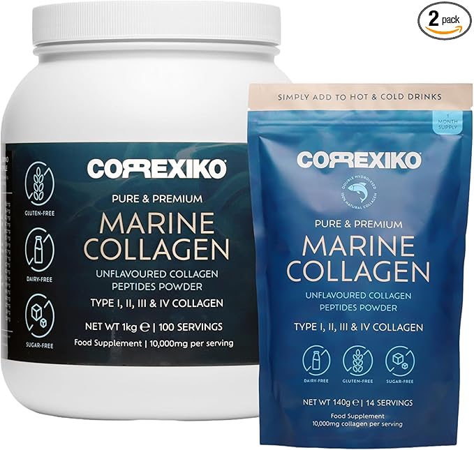 CORREXIKO Marine Collagen Powder Supplement Unflavored - 1kg &amp 5oz Bundle - 10000mg Double Hydrolyzed Collagen Peptides per Serving - Formulated for Maximum Absorption - Hair Skin &amp Nails