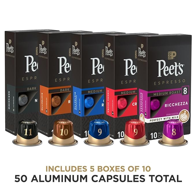Peet's Coffee Dark and Medium Roast Espresso Capsules Variety Pack with Decaf Compatible with Nespresso Original Machine - Intensity 8-11 50 Count (5 Boxes of 10 Espresso Capsules) (Pack of 2)