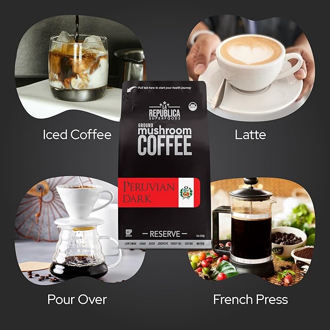 La Republica Peruvian Dark Reserve Coffee Ground for Espresso Maker (Lion's Mane Reishi Chaga Dark Roast 60 Servings)