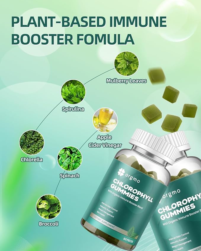 Chlorophyll Gummies for Body Odor Deodorant 2 Pack Sugar Free Vitamins D Gummy 1000IU ACV Spirulina Chlorella Herbal Supplement for Women Immune Support Vegan Non-GMO