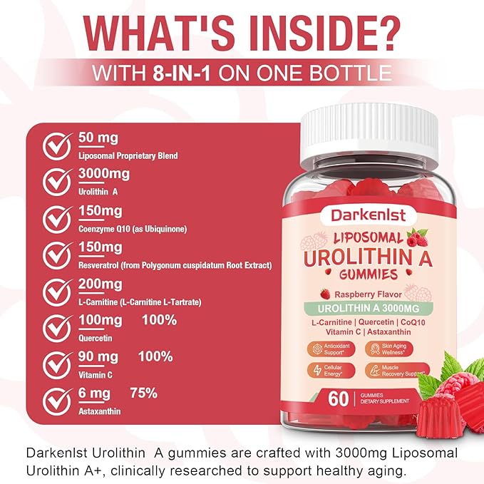 2 Pack Liposomal 3000mg Urolithin A Gummies Complex CoQ10 Resveratrol L-Carnitine Quercetin Astaxanthin | 7-in-1 Mitochondrial Support Supplement for Cellular Support Vitality &amp Wellness Agin