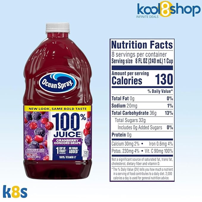 Ocean Spray 100% Cranberry Concord Grape Fruit Juice No Added Sugar 64 fl oz 4 Pack + 15 Sugarcane Disposable Straws by KOOL8SHOP Infinite Deals