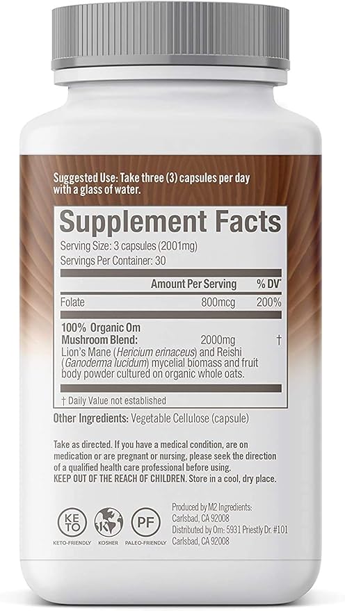 OM MUSHROOM SUPERFOOD Brain Fuel Mushroom Powder Capsules Superfood Supplement 90 Count 30 Days Lion's Mane Reishi Blend Plus Folate Mental Clarity Mushroom Supplement