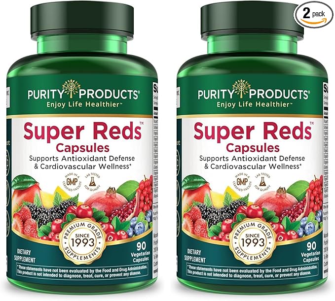 Purity Products Super Reds Capsules Formula (20+ Organic Super Fruits and Berries) Certified Organic Phytonutrients - 90 Capsules (Pack of 2)