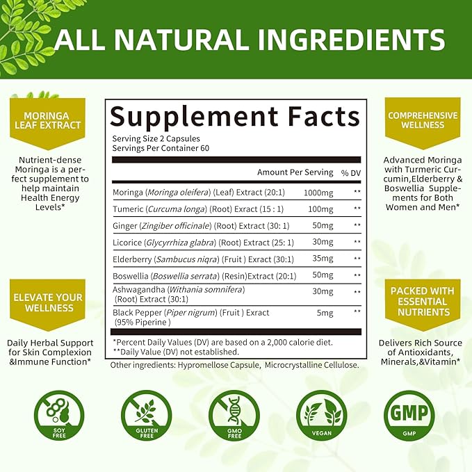 Moringa Capsules Organic 1000mg 7-in-1 Superfood with Turmeric Ginger Elderberry Licorice &amp Boswellia - Support Immune Skin Gut &amp Antioxidant-Non-GMO GMP 120 Vegan Capsules 2 Months S