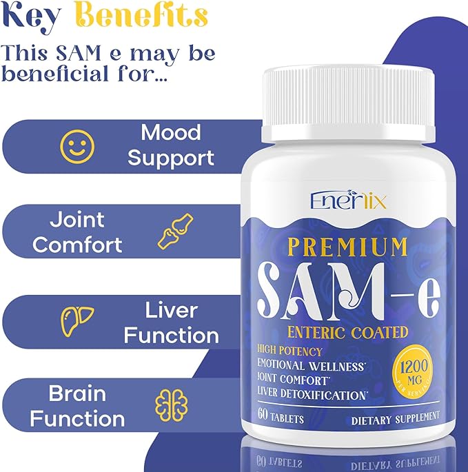 1200 MG SAM e Supplement for Brain Mood Joint and Liver High Absorption SAM-e (S-Adenosyl-L-Methionine) with CoQ10 5-HTP Enteric Coated 60 Tablets Vegan