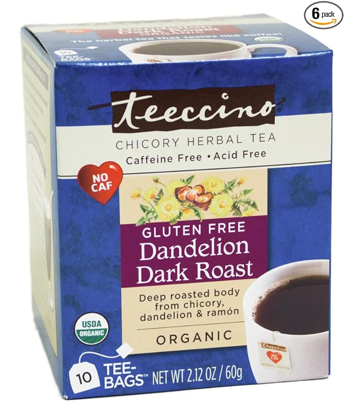 Teeccino Dandelion Tea – Dark Roast Roasted Herbal Tea | Organic Roasted Dandelion Root | Prebiotic | Caffeine Free | Gluten Free Acid Free Coffee Alternative 10 Tea Bags (Pack of 6)