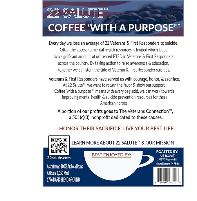 22 Salute 1776 Ground Coffee Dark Roast Bold Flavor Notes Medium Acidity 100% Specialty Arabica Coffee 12oz Bag