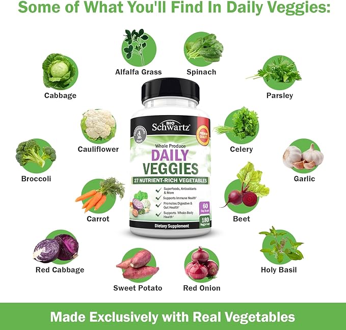 Daily Fruits and Veggies Supplement for Women and Men - 47 Whole Food Fruits and Vegetables - Diverse Natural Balance of Vitamins Minerals and Noni - 180 Fruit Capsules 180 Veggie Capsules (2 Pack)