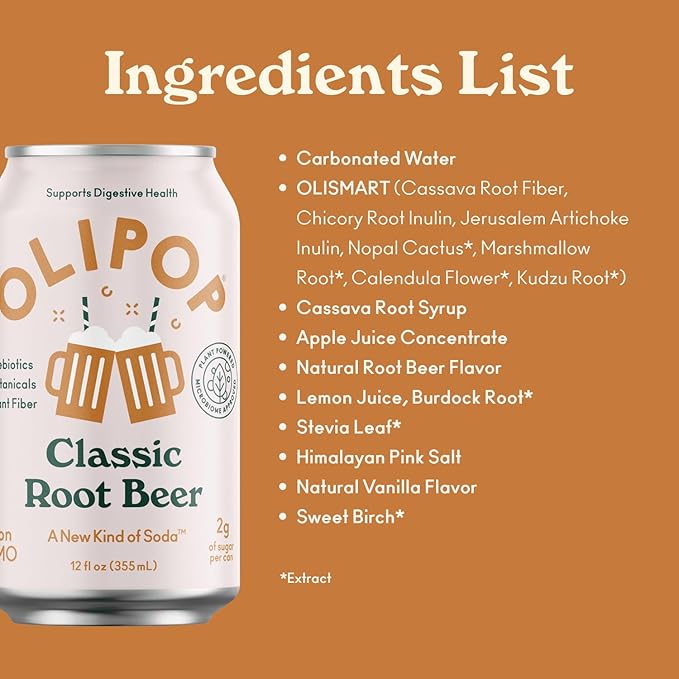 OLIPOP Prebiotic Soda Pop Classic Root Beer A New Kind of Soda Packed with Prebiotics Fiber and Botanicals Gluten Free GMO Free 12oz (12-Cans)