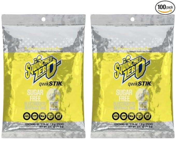 Sqwiincher Zero Qwik Stik Electrolyte Powder Hydration Drink Mix Multi Flavors - 0.05 0z Packet - (100 Pack Lemonade)