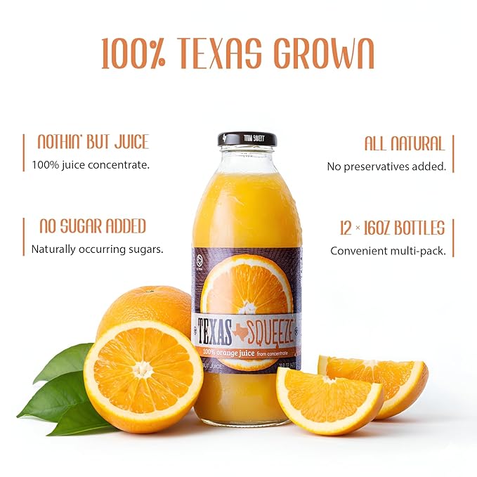 Texas Squeeze Orange Juice NON GMO Verified Texas Grown and Bottled Orange Juice from Concentrate No Sugar Added No Preservatives 16 fl oz Pack of 12