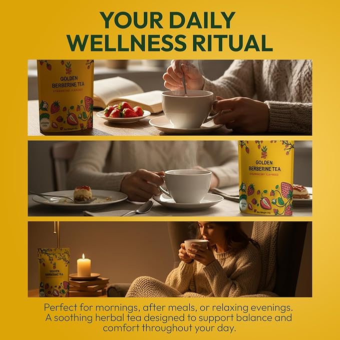 Berberine Tea 45g Natural Organic Caffeine-Free Blend Non-GMO Herbal in Plastic-Free Stand Alone Pouch Delicious Antioxidant for Immune Support (Strawberry)