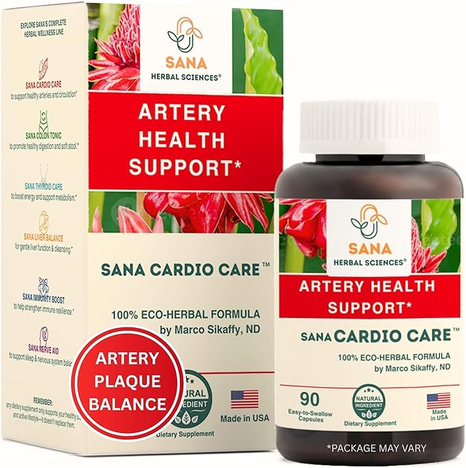 Artery Plaque Removal Formula | 4-Element All-Natural Supplement to Support Blood Pressure Healthy Cholesterol and Heart Rhythm | 90 Easy-to-Swallow Capsules | by Sana Herbal