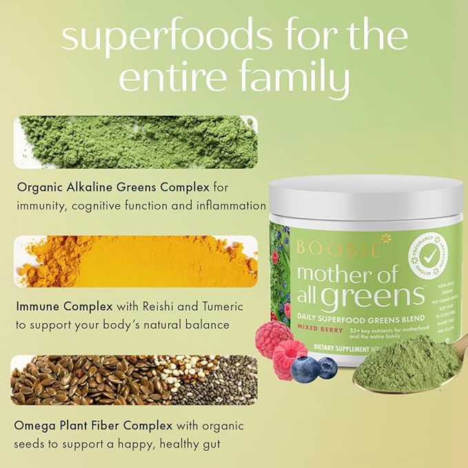 Boobie Mother of All Greens | Your New Family Ritual Daily Super Greens Powder with 35+ Essential Nutrients for Moms &amp Families | Vegan Gluten Free &amp Sugar Free | Mixed Berry Flavor 60 svg