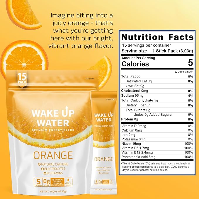 Wake Up Water - Energy + Hydration Sugar Free 15 Packs Orange Flavor - Energy Drink Powder Electrolytes Powder Drink Natural Caffeine Mix Packet B Vitamins 5 Calories Gluten Free - 1.60 oz (45.4