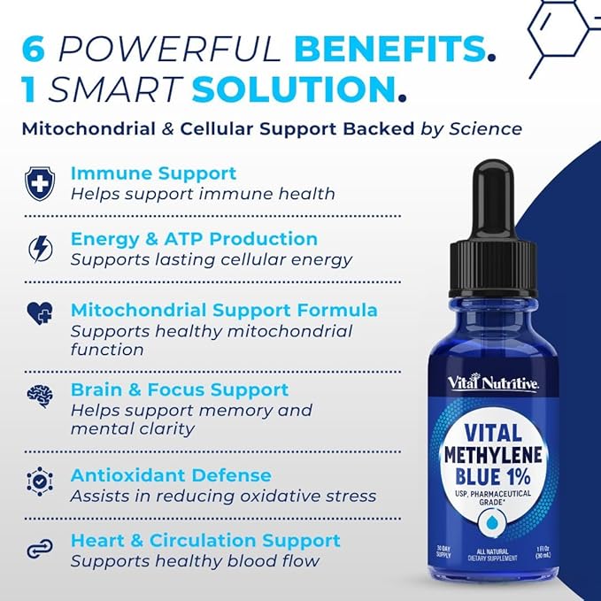 Vital Methylene Blue Drops 1% – Pharmaceutical Grade Methylene Blue for Humans Supports Cellular Energy &amp Cognitive Balance Vegan Non-GMO – 1 fl oz (30 mL)