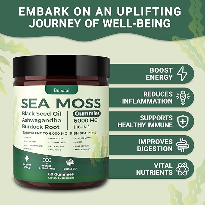 Sea Moss Gummies 16-1 Black Seed Oil Ashwagandha Turmeric Bladder Wrack Vitamin C Vitamin D3 Elderberry Manuka Dandelion Yellow Dock Apple Cider Vinegar for Men &amp Women