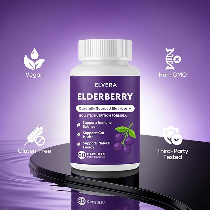 Elvera Elderberry Gut Support Complex - Organic Black Elderberry Soft Capsules with Zinc &amp Vitamin C – Immune Support Digestive Balance Natural Energy Daily Immune &amp Digestive Wellness 60