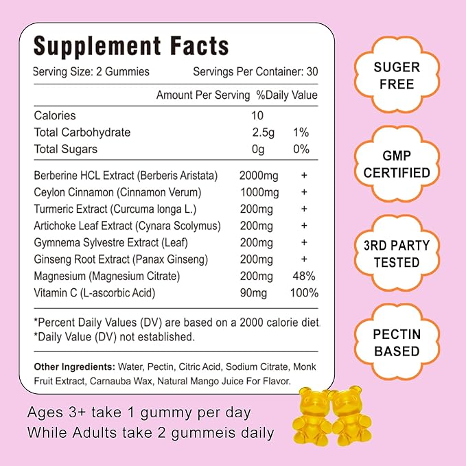 Berberine with Ceylon Cinnamon Gummies High Potency Berberine HCI Supplement Immune Health Support 120 Mango Flavored Gummies