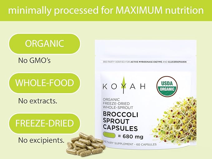 KOYAH - Organic Broccoli Sprout Capsules – Freeze-Dried Whole Broccoli Sprouts – 3rd Party Tested for Active Myrosinase &amp Glucoraphanin (Sulforaphane Glucosinolate) - 150 Capsules