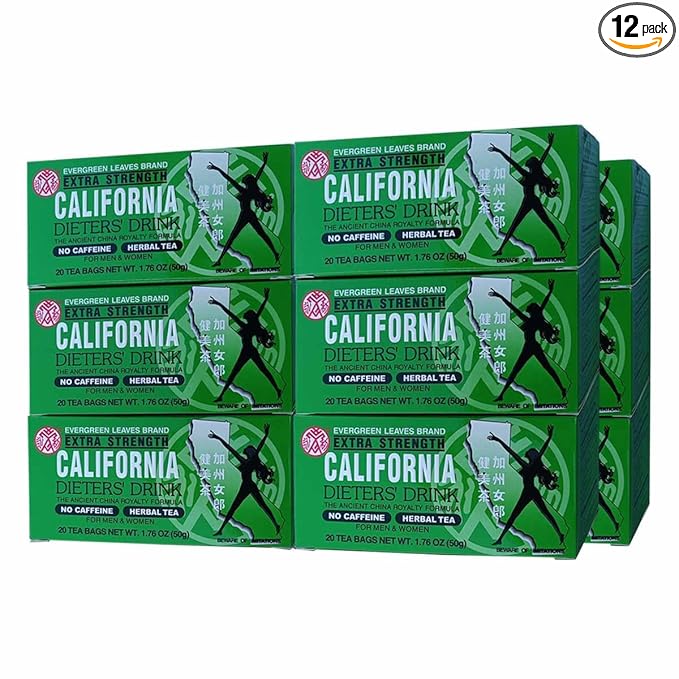 12 Packs Evergreen Leaves Brand Extra Strength California Dieters' Drink Caffeine Free Herbal Dietary Tea Senna-infused total 240 Tea Bags
