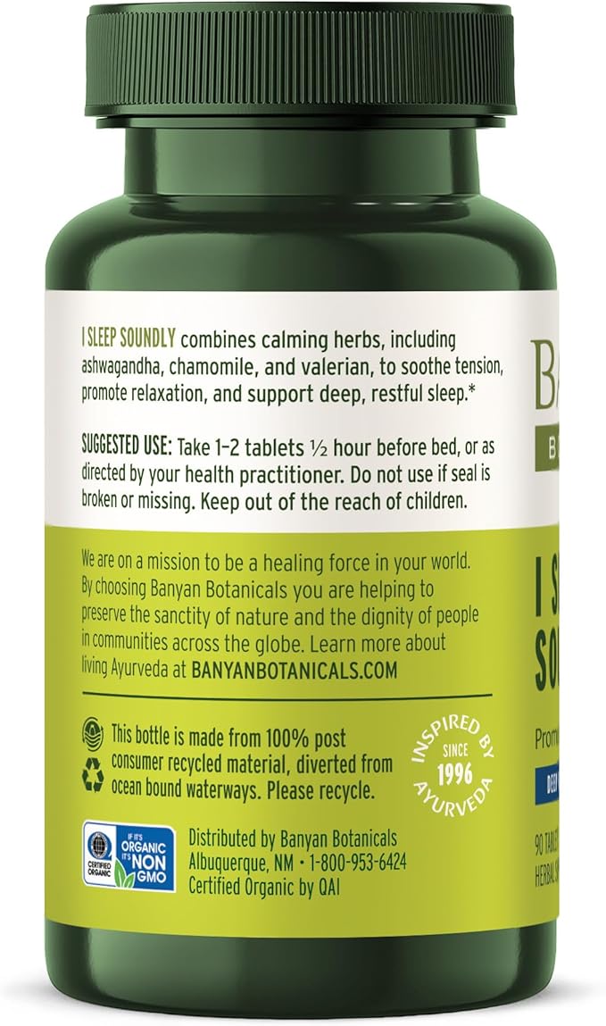 Banyan Botanicals I Sleep Soundly–Organic Deep Sleep Supplement –Natural Melatonin-Free Sleep Aid for Relaxation &amp Nighttime Tension–with AshwagandhaValerian &amp Chamomile-90 Tablets-USDA Organ