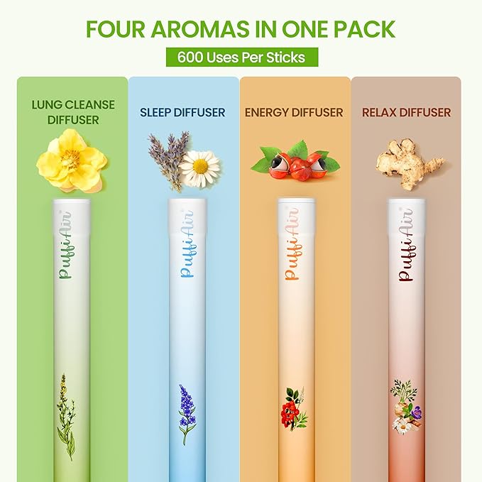 Herbal Diffuser Quartet Lung Sleep Energy &amp Relax Diffuser with Extract of Mullein Melatonin Natural Caffeine and Chamomile 100% Natural Swap Complete Wellness Quartet 600 Uses Each
