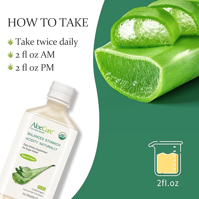 AloeCure USDA Organic Aloe Vera Juice Made Within 12 Hrs of Harvest - Pure Aloe Juice Natural Digestive Supplement to Support Digestion Immune System and Balanced Stomach Acidity 6 x 500ml Bottles