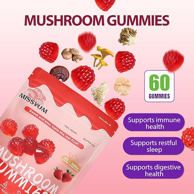 Mushroom Gummies 10-in-1 Adaptogenic Blend Vegan Strawberry 60 Count | with Lion's Mane Reishi Chaga Shiitake &amp More