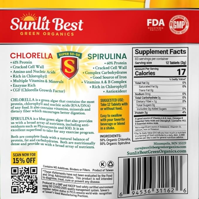 Sunlit Super 50/50 Organic Chlorella Spirulina Tablets - Super Greens Supplement for Immune Support Gut Health Mood &amp Energy - Rich in Chlorophyll Amino Acids &amp Vegan Protein 1000 Superfoo