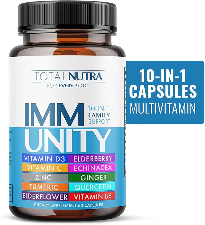 10-In-1 Immune Support Supplement: Immune Boosters for Adults &amp Kids Daily Immunity Defense with Key Immune System Vitamins Zinc Vitamin C and D Plus Elderberry Quercetin Echinacea &amp More