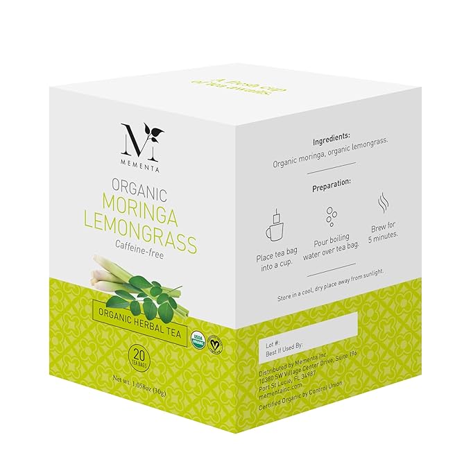 Mementa Inc Organic Moringa Lemongrass Herbal Tea Bags - 20 Individually Wrapped Bags Per Box Pack of 6 Boxes - Premium Natural Ingredients for a Refreshing and Healthy Beverage
