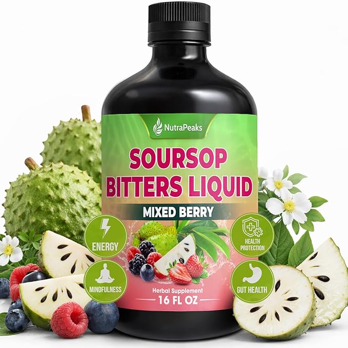 Soursop Bitters Liquid – Herbal Detox Formula with Soursop Ginger Turmeric &amp Black Seed Mixed Berry Flavor – Supports Digestive Balance &amp Immune Wellness – 16 fl oz