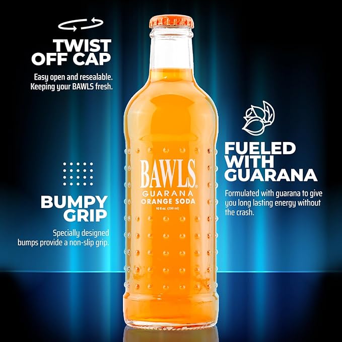 BAWLS Guarana Mandarin Orange BAWLS Guarana Drink Guarana Soda Guarana Fueled Soda for Energy High Energy Caffeinated Drink 10oz 24 Pack Glass Bottles