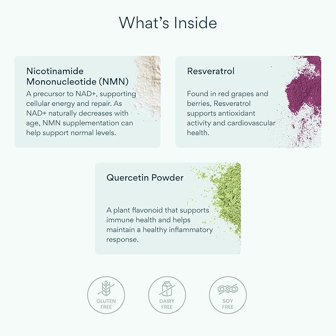 Bettervits NMN Supplement with Quercetin Powder| NAD+ Resveratrol Support Formula for Cells Regeneration Energy and Anti-Aging Support | NAD Supplements for Women &amp Men - 60 Capsules
