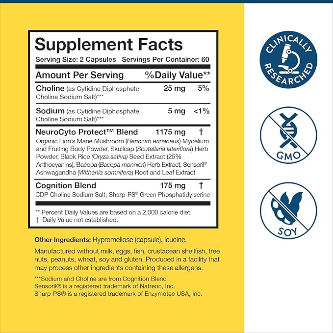 Researched Nutritionals BDNF Essentials - Clinically Researched Brain Supplement with Bacopa Monnieri &amp Lions Mane Mushroom - Supports Neuroplasticity &amp Healthy Cortisol Levels 120 Capsules