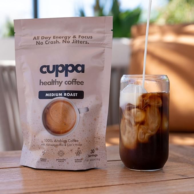Cuppa Medium Roast Mushroom Coffee with Adaptogens &amp Superfoods - Lion’s Mane Ashwagandha &amp Cordyceps. Adaptogens + MCT to support natural energy mental focus &amp gut health (30 Servings)