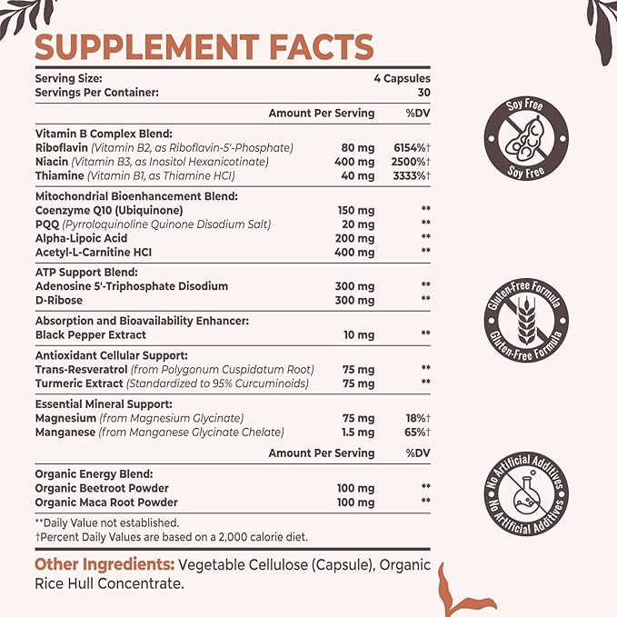 Resciency 2326 MG Mitochondrial Supplements with ATP Vitamins CoQ10 &amp PQQ More Effective Than Creatine HMB &amp Nitric Oxide Energy Endurance Strength Recovery &amp Muscle Organic 120 C